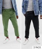 Asos Design 2 Pack Slim Chinos In Washed Green & Black - Multi