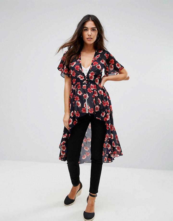 Influence Dip Hem Floral Kimono Top - Navy
