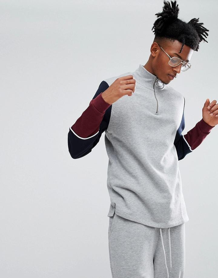 Asos Longline Half Zip Track Sweatshirt With Colour Block Sleeves - Gray