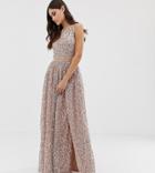 Maya Allover Contrast Tonal Delicate Sequin Dress With Satin Waist In Taupe Blush-brown