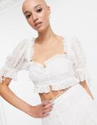 Asos Design Chiffon Eyelet Top With Puff Sleeve In White - Part Of A Set