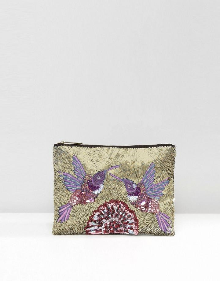 Asos Antique Effect Hummingbird Embellished Clutch Bag - Multi