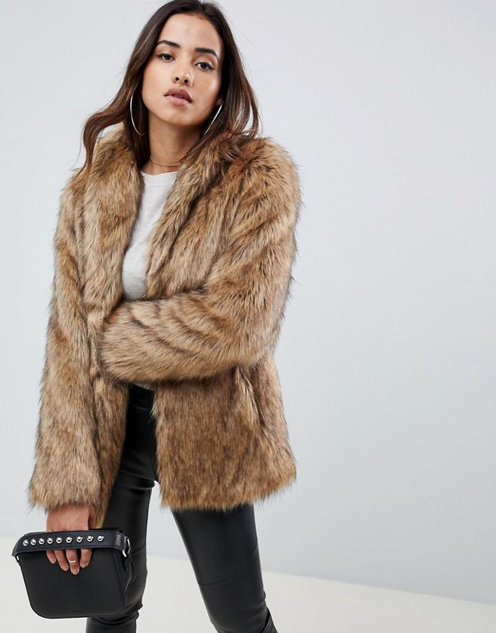 Asos Design Stand Collar Faux Fur Coat - Brown