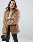 Asos Design Stand Collar Faux Fur Coat - Brown
