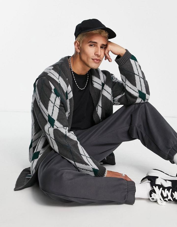 Asos Design Knitted Argyle Cardigan In Gray
