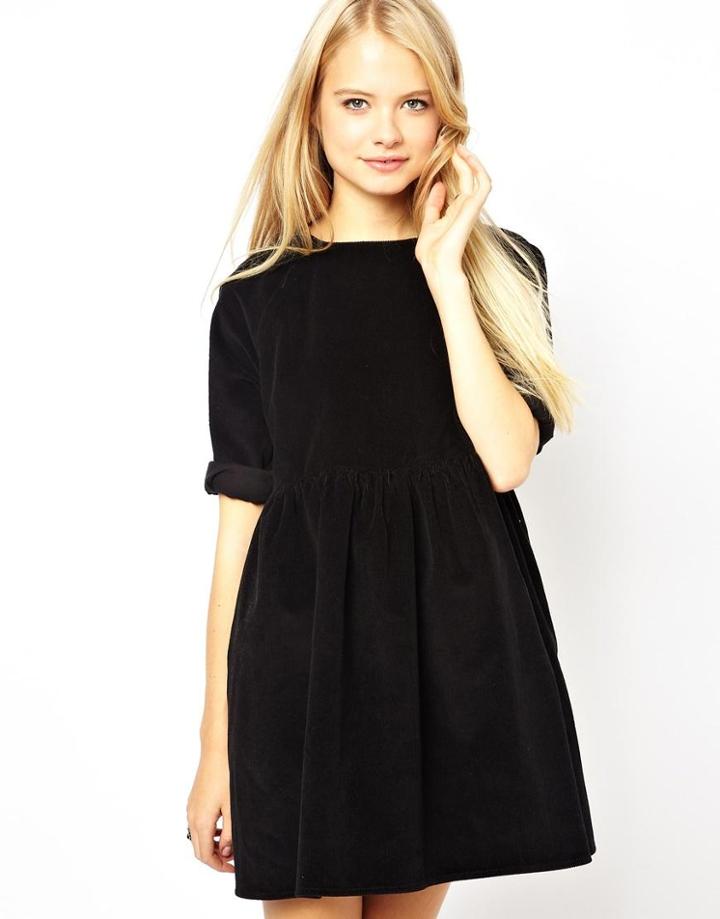 Asos Cord Smock Dress In Black