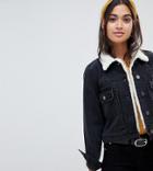 Asos Design Petite Denim Shrunken Jacket With Fleece Collar In Washed Black - Black