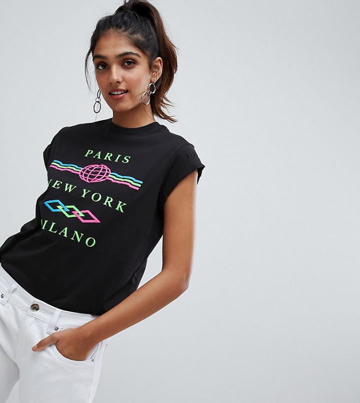 Asos Design Tall T-shirt With Textured Neon City Print - Black