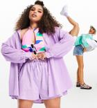 Asos Design Curve Textured Button Through Beach Shirt In Lilac-purple