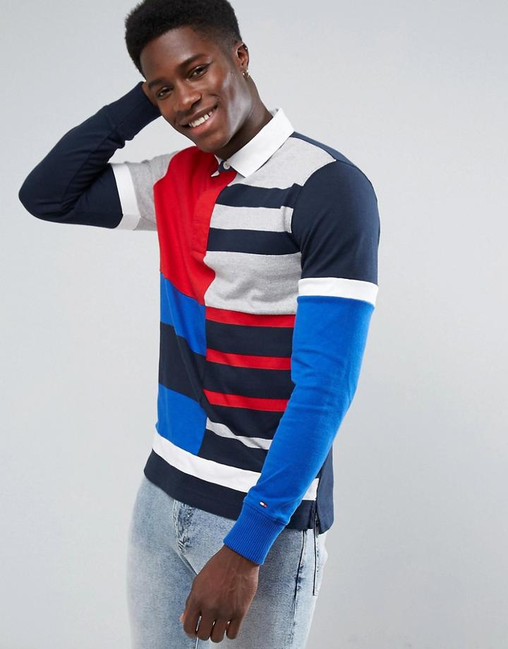Tommy Hilfiger Long Sleeved Rugby Polo Shirt In Multi Block Stripe - Multi