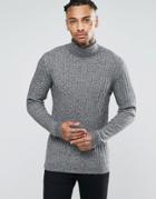 Asos Muscle Fit Ribbed Roll Neck Sweater In Merino Wool Mix - Gray