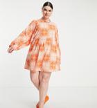 Daisy Street Plus Long Sleeve Mini Smock Dress In Burnt Orange Bandana Print