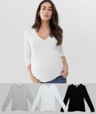 Asos Design Maternity Ultimate Top With Long Sleeve And V-neck With Ruching 3 Pack Save - Multi