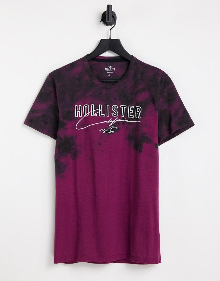 Hollister Large Front Logo Acid Wash T-shirt In Burgundy-red