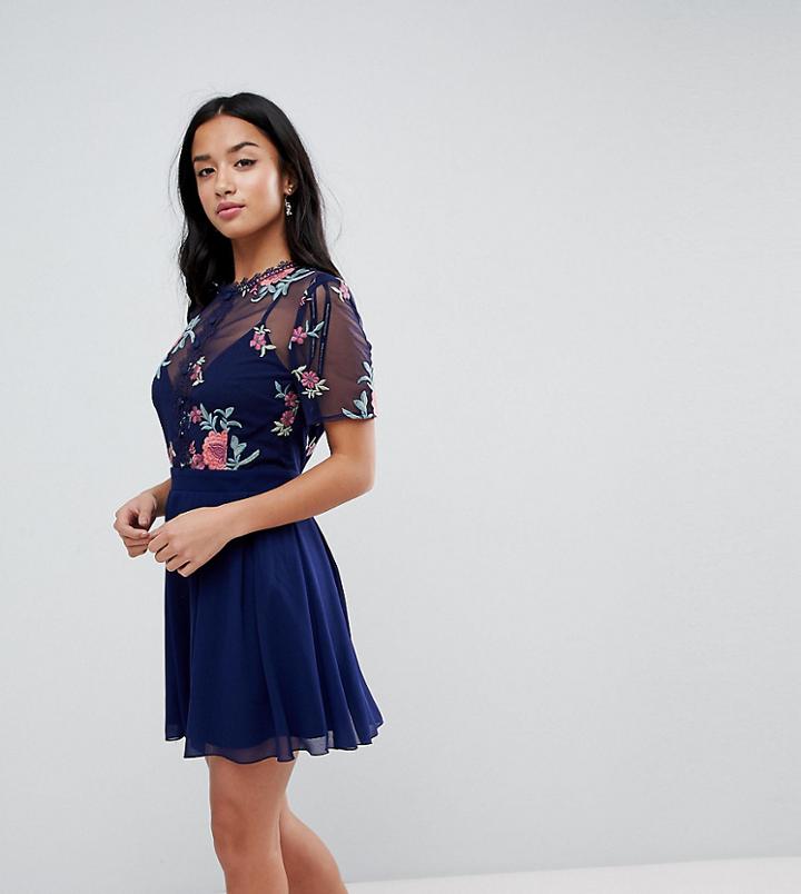 Little Mistress Petite Embroidered Top Mini Skater Dress - Navy