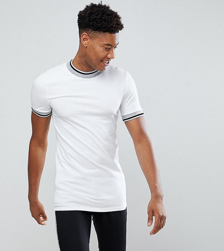Asos Tall Longline Muscle T-shirt In White With Silver Tipping - White