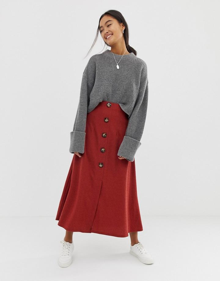 Asos Design Textured Midi Skirt With Button Front - Red