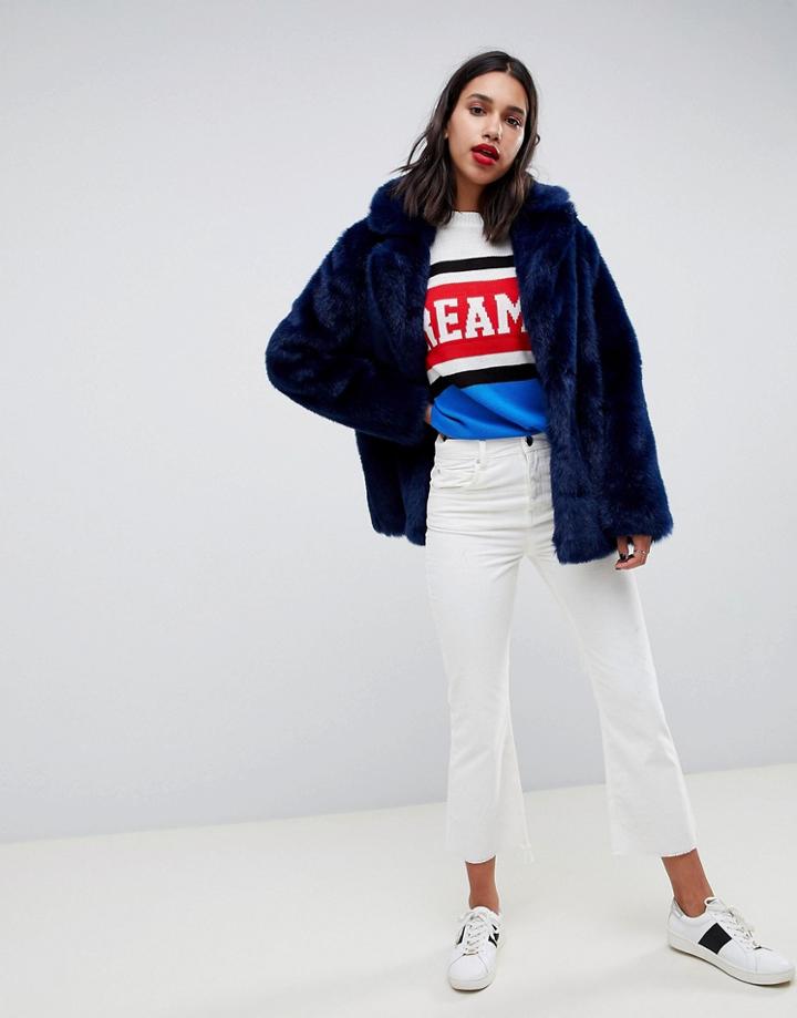 Asos Design Faux Fur Coat With Collar Detail-navy