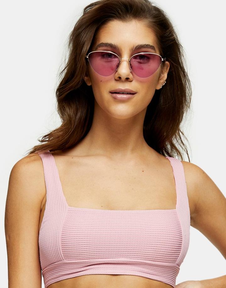 Topshop Square Neck Ribbed Bikini Top In Pink