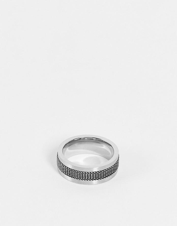Asos Design Waterproof Stainless Steel Band Ring With Cross Hatch Emboss In Gunmetal-gray