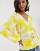 Asos Design Long Sleeve Plunge Top With Kimono Sleeve And Rope Belt In Palm Print-multi
