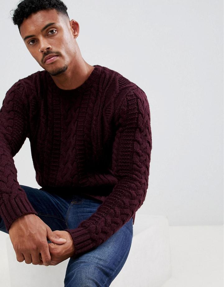 Asos Design Heavyweight Cable Knit Sweater In Burgundy - Red