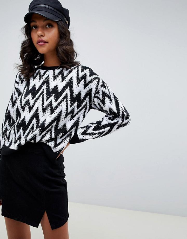 Asos Design Sweater In Mono Chevron Pattern-multi