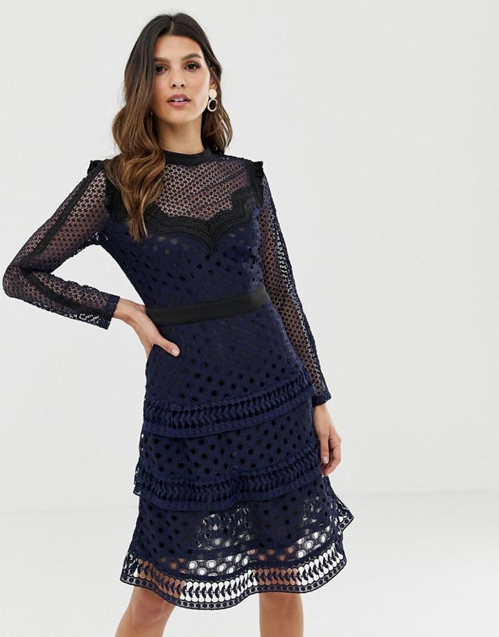 Y.a.s Laser Cut Lace Tiered Mini Dress - Navy