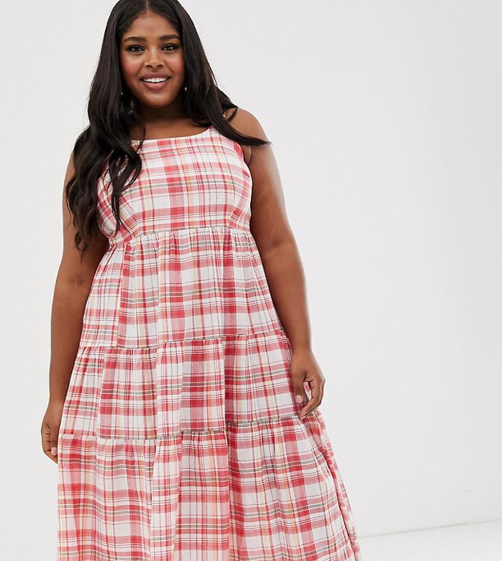New Look Curve Tiered Maxi Dress In White Check Pattern