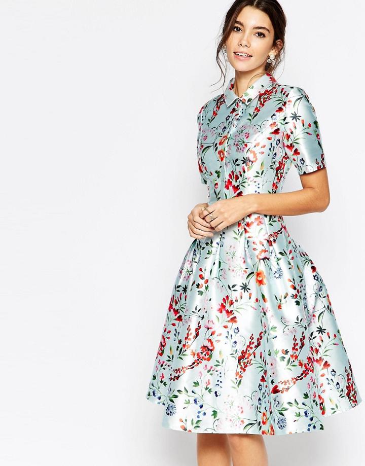 Chi Chi London Midi Dress On Sateen With Collar And Sleeves - Multi
