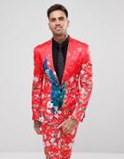 Asos Super Skinny Suit Jacket With Red Peacock Print - Red