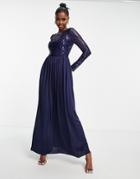 Goddiva Embellished Long Sleeved Maxi Dress In Navy