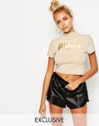 Puma High Neck Cropped T-shirt With Gold Foil Logo - Champagne Beige