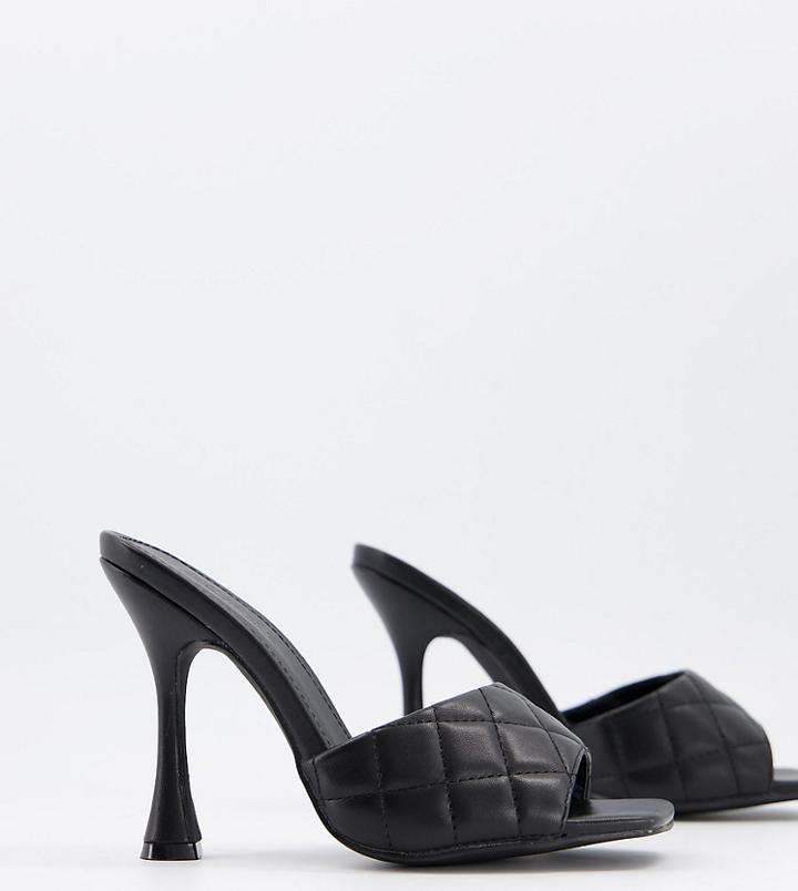 Truffle Collection Wide Fit Square Toe Quilted Heeled Mules-black