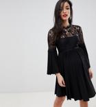 Asos Design Maternity Lace And Pleat Mini Skater Dress-black