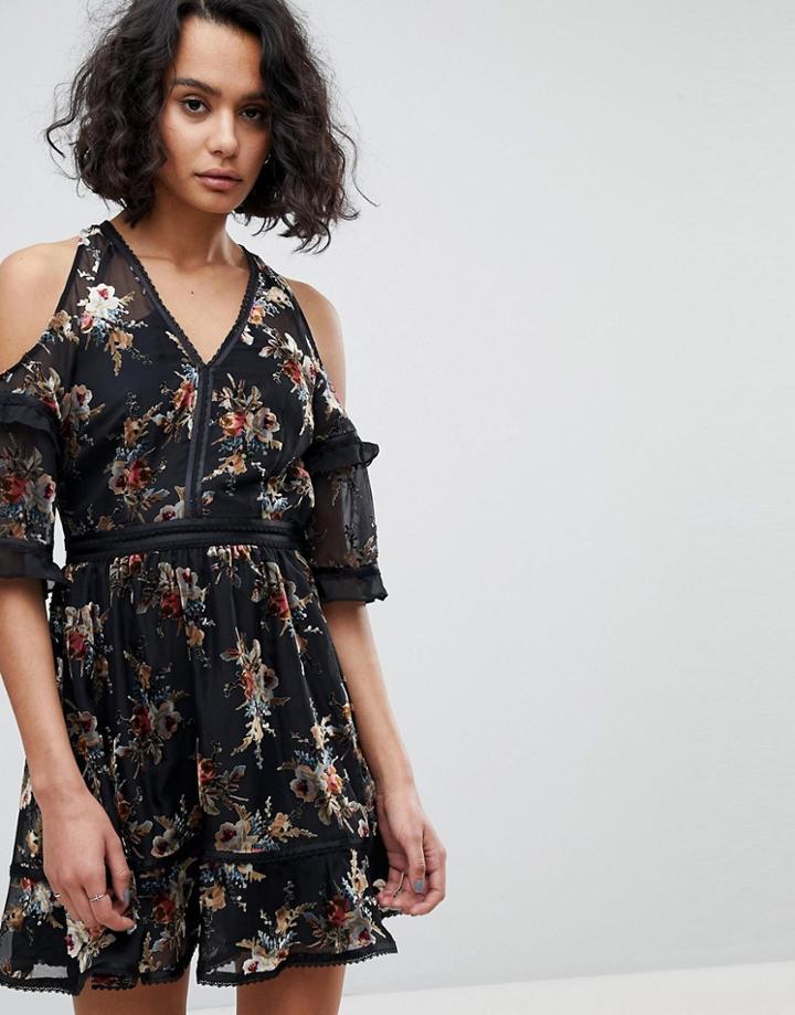 Allsaints Floral Devore Ruffle Mini Dress - Black
