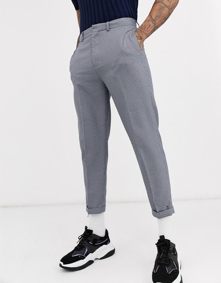 Asos Design Tapered Crop Smart Pants In Blue Micro Check With Turn Up Detail