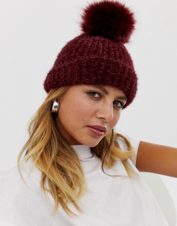 New Look Fluffy Faux Fur Pom Pom Bobble Hat In Dark Burgundy - Red
