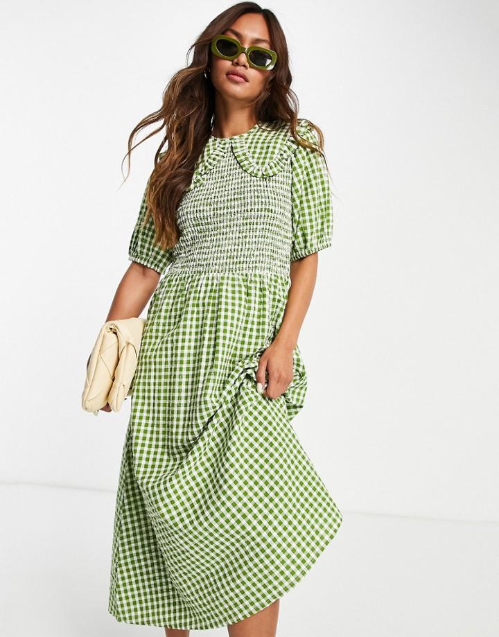 Neon Rose Midi Dress With Shirred Bodice And Oversized Collar In Gingham Seersucker-green