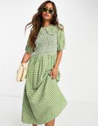 Neon Rose Midi Dress With Shirred Bodice And Oversized Collar In Gingham Seersucker-green