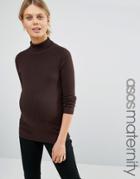 Asos Maternity High Neck Sweater In Rib - Brown