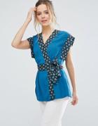 Closet London Belted Kimono Top With Contrast Trim - Multi