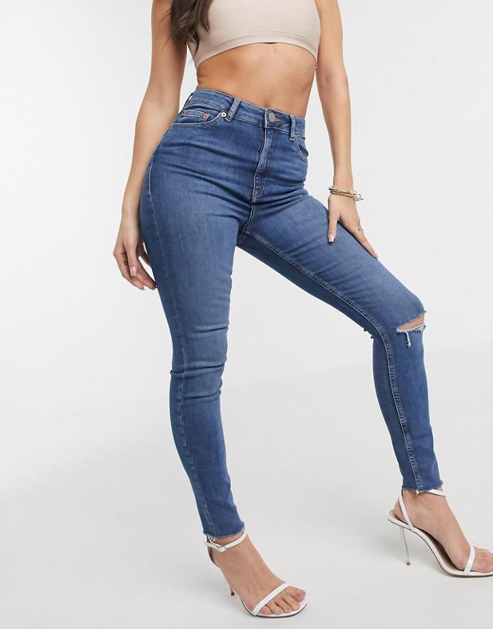 Asos Design High Rise Ridley 'skinny' Jeans With Rips In Midwash Blue Wash-blues