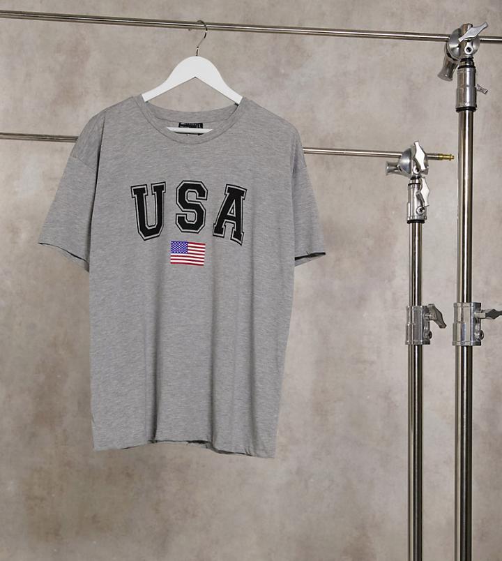 Asos Design Curve T-shirt With Usa In Gray Marl-grey