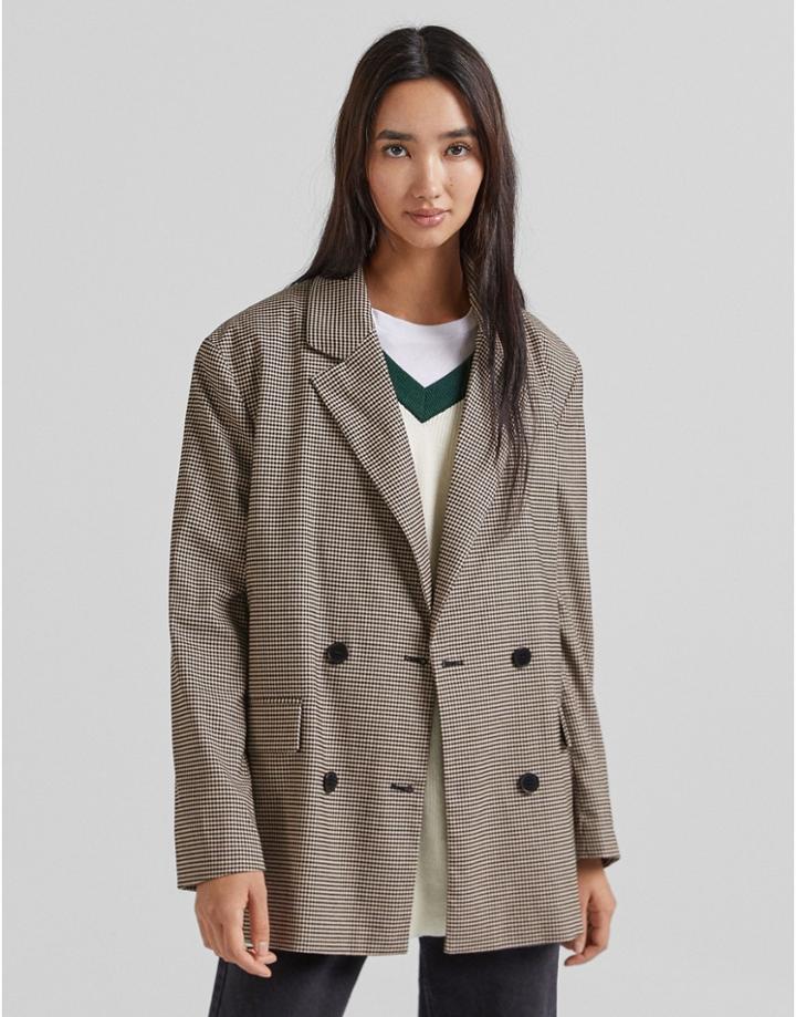 Bershka Double Breasted Oversized Blazer In Brown Check