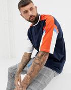 Asos Design Oversized Longline T-shirt With Contrast Body And Sleeve Panels With Tipping In Navy - Navy