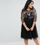 Little Mistress Plus Skater Dress With Embroidered Bodice - Black