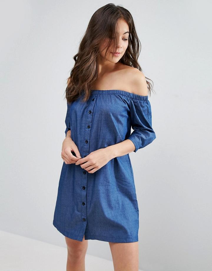 Influence Button Through Chambray Bardot Dress - Blue