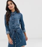 River Island Petite Denim Shirt Dress With Belt In Mid Wash - Blue