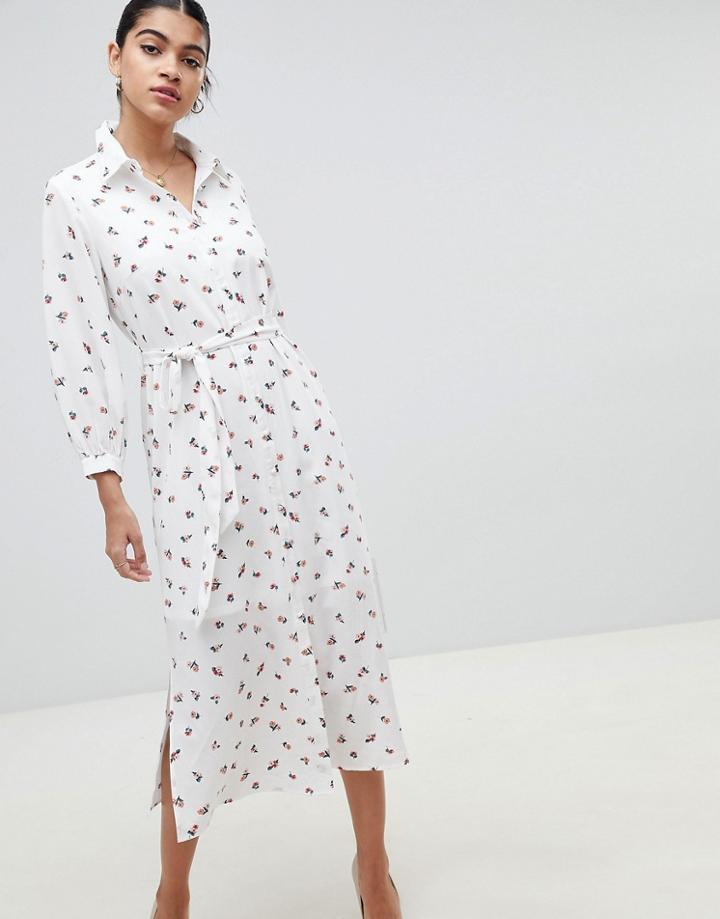 Fashion Union Midi Shirt Dress In Ditsy Floral - White